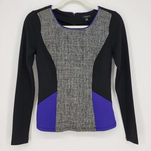 Ann Taylor Long Sleeve Top XXSP Color Block Fitted Ponte Knit Work Black Blue